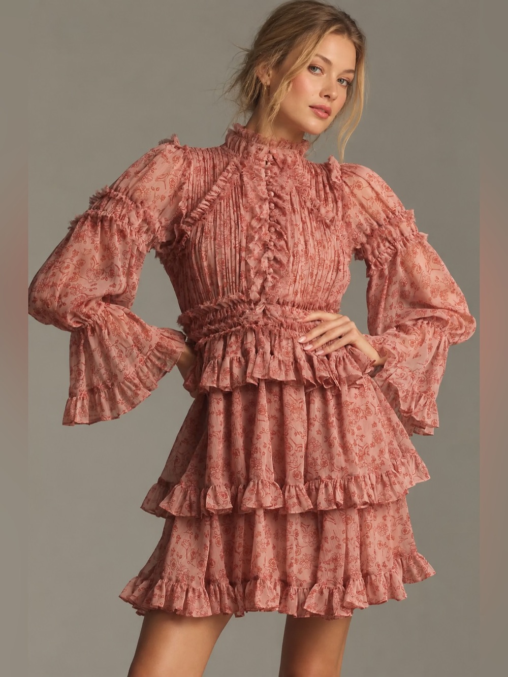 Ieena for Mac Duggal Cinnamon Floral Ruffle Long Sleeve Mini Dress Size 8 NWT